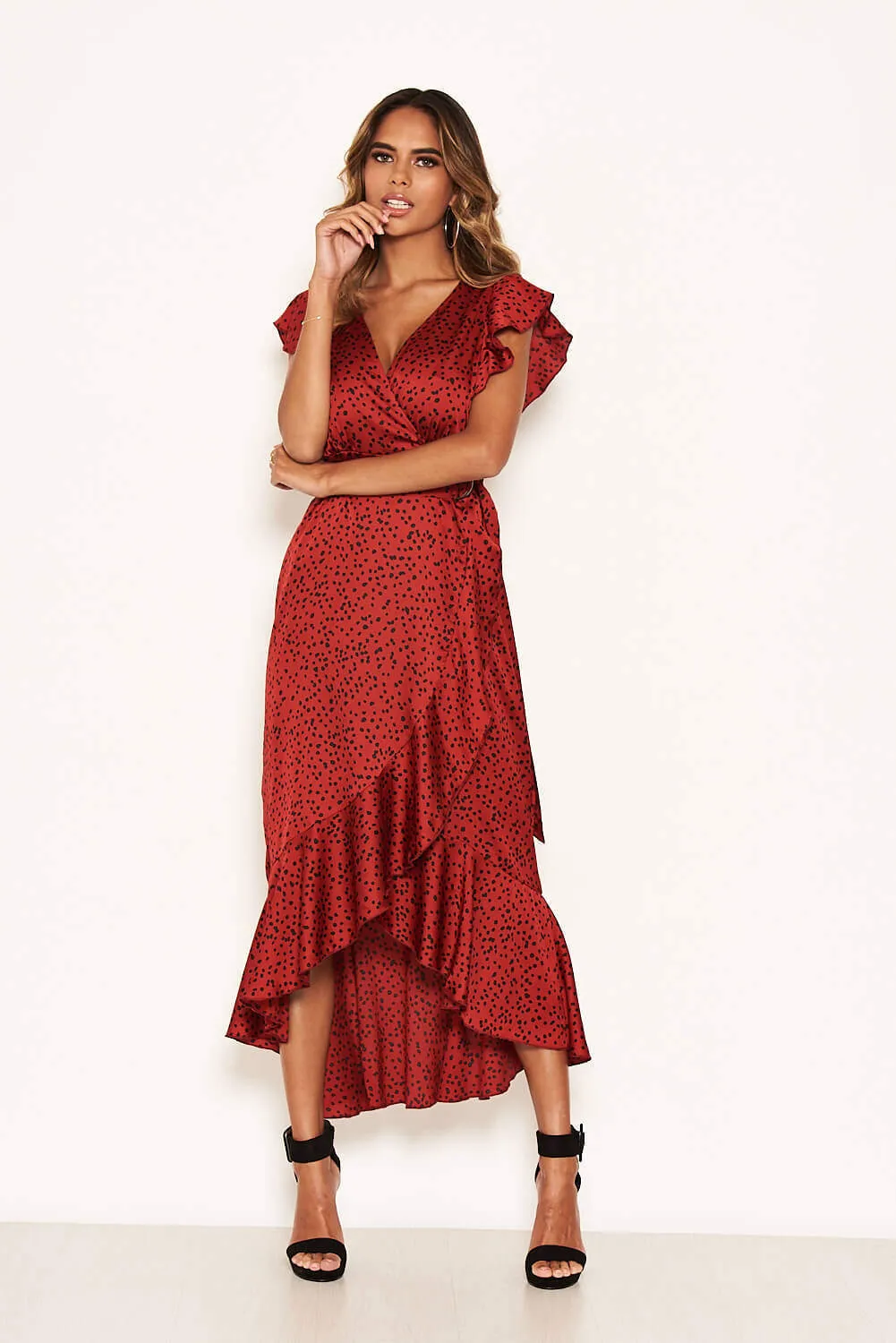 Red Spotty Frill Wrap Dress With D Ring Belt