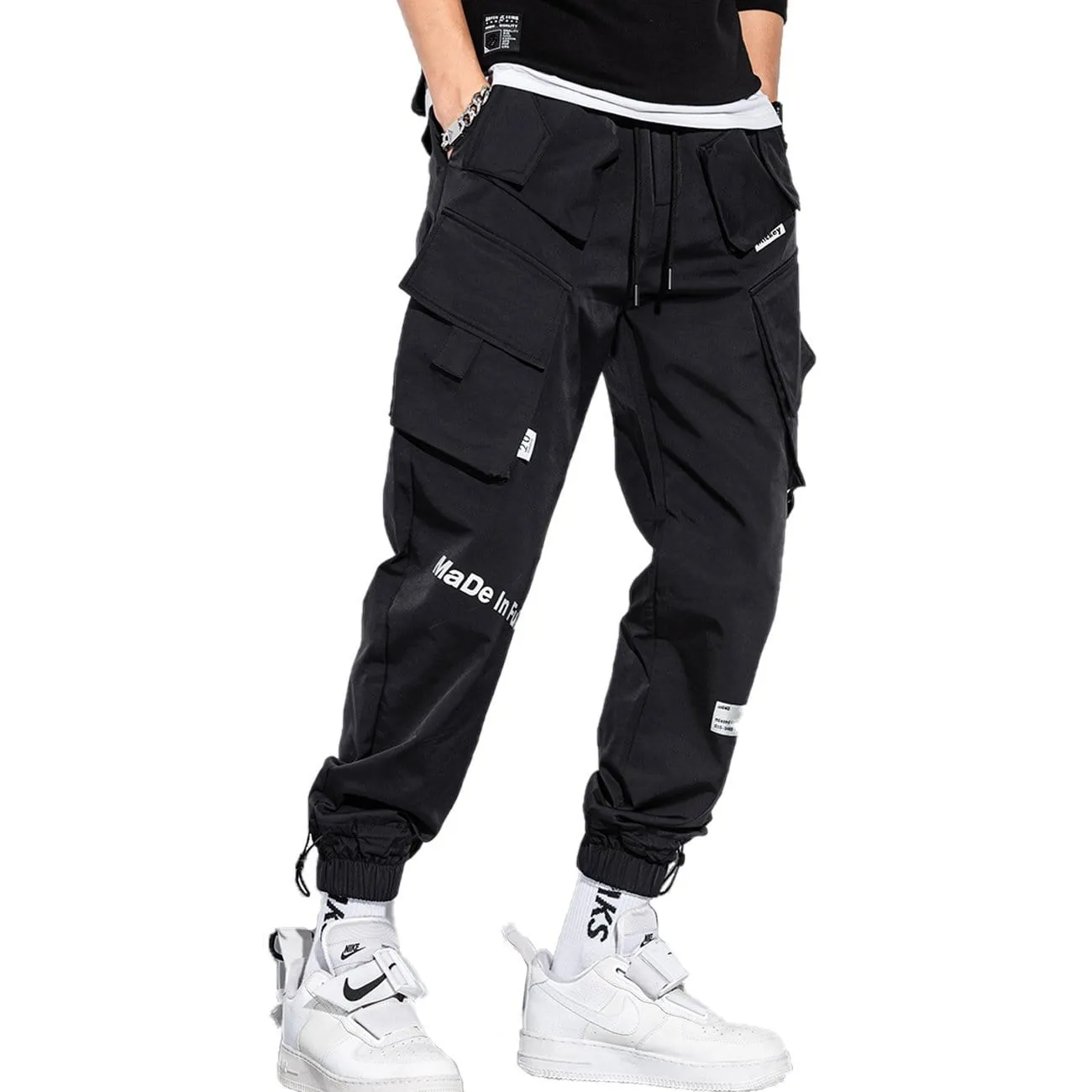 Reflective Side Pockets Ribbons Fleece Cargo Pants