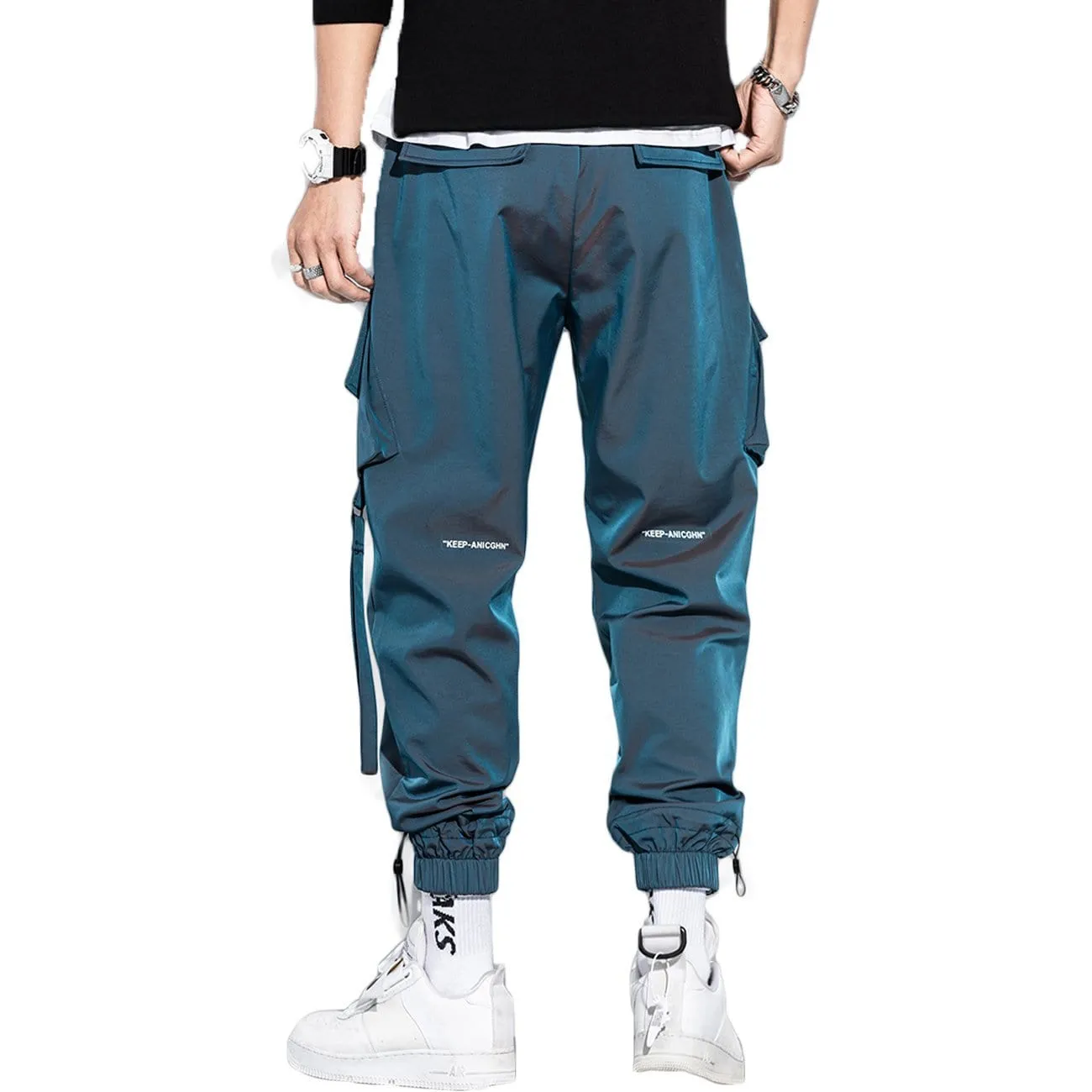 Reflective Side Pockets Ribbons Fleece Cargo Pants