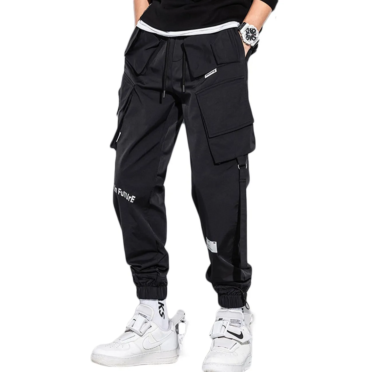Reflective Side Pockets Ribbons Fleece Cargo Pants