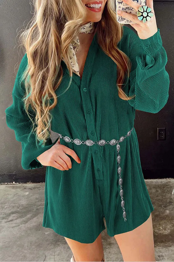 Ribbed Corduroy V Neck Button Front Romper