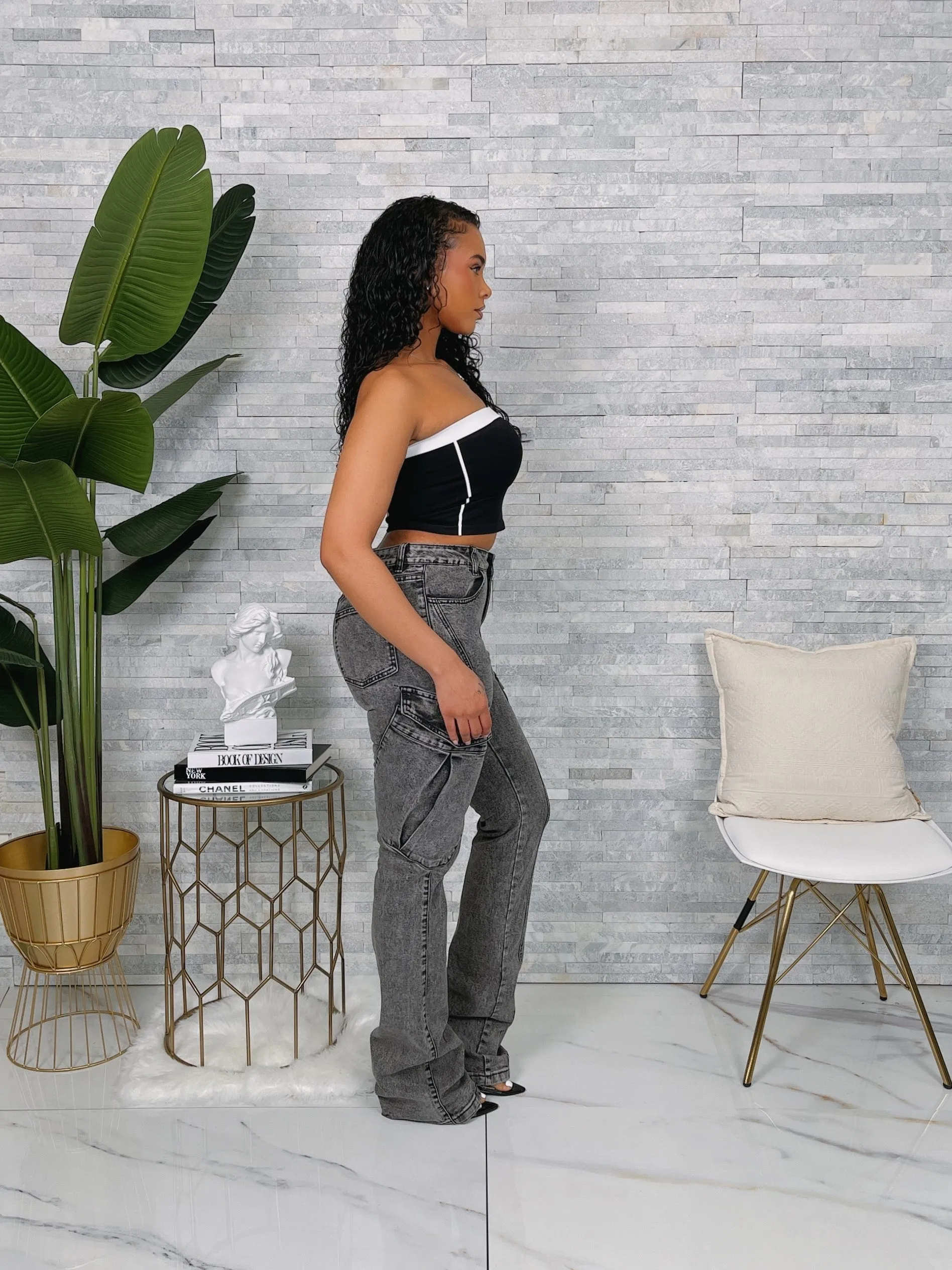 RJH21015P - WASHED CARGO STACKED DENIM PANTS