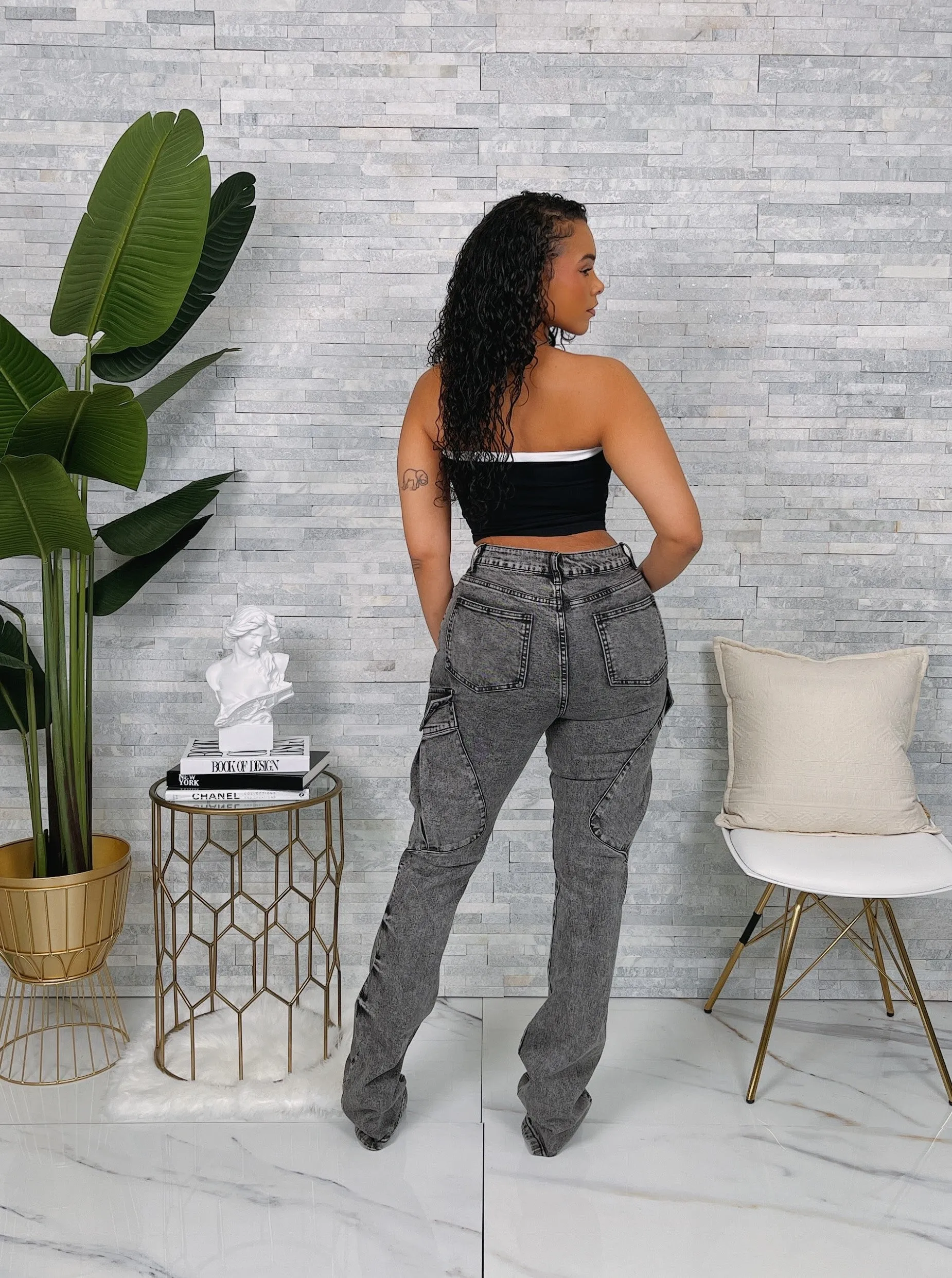 RJH21015P - WASHED CARGO STACKED DENIM PANTS