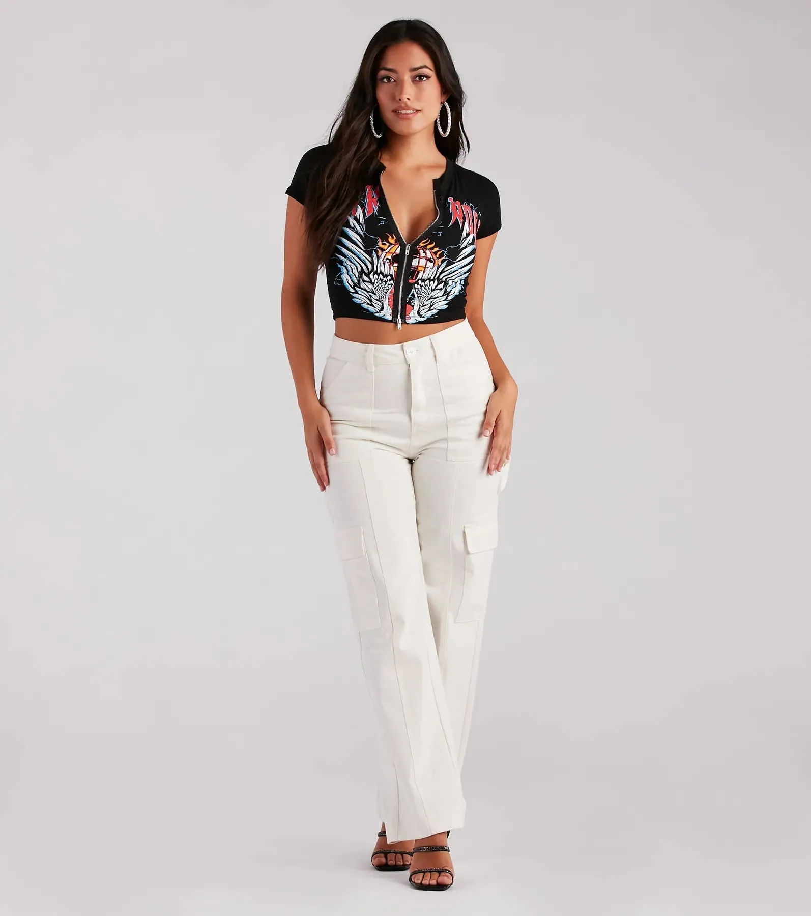 Rock 'N' Roll Zip-Front Cropped Graphic Tee