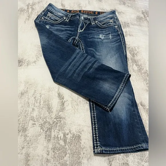 Rock Revival Johanna Women’s Bling Distressed Denim Capris Size 28