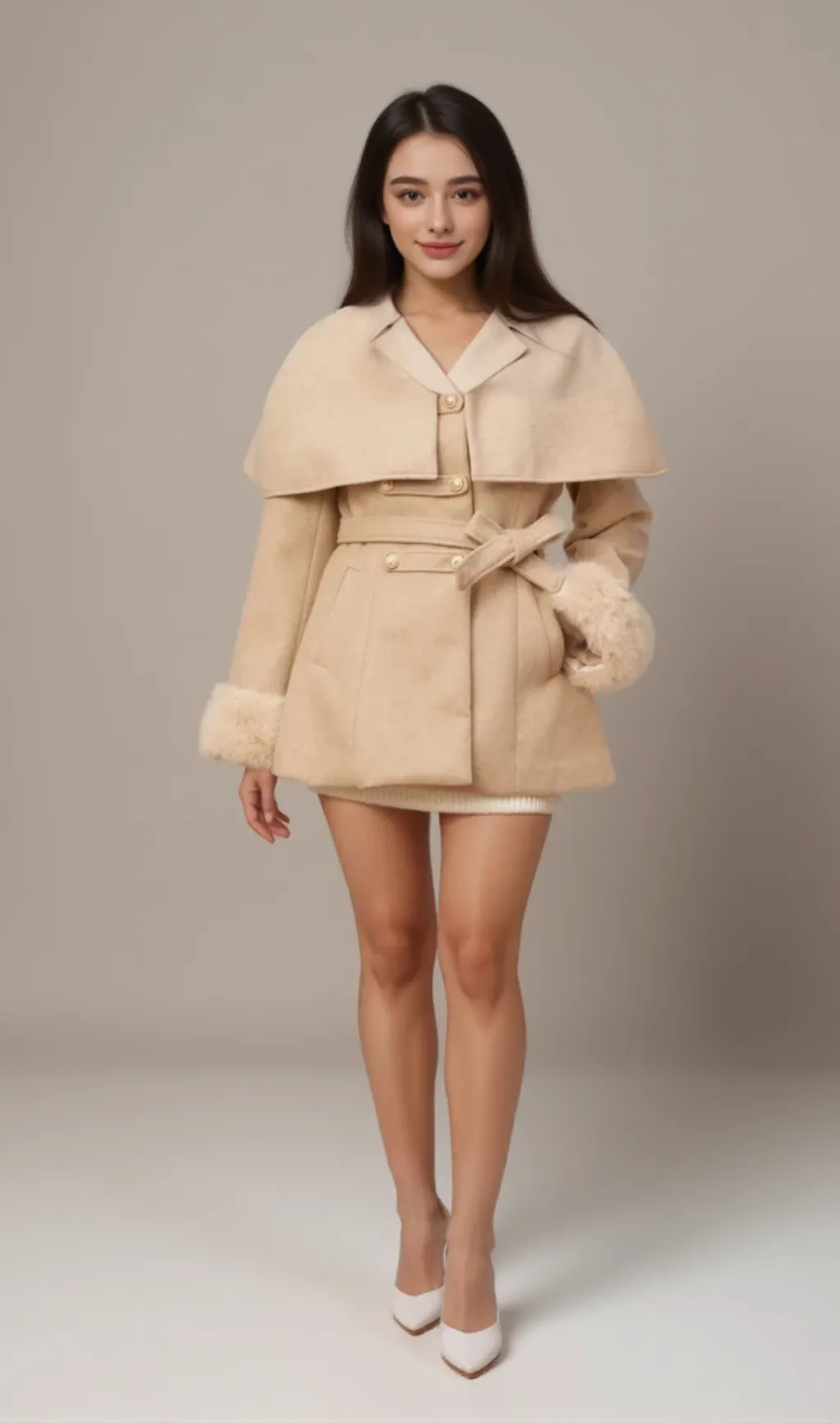 Rosella detachable-cape faux-fur coat
