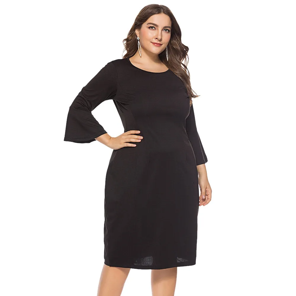 Round Collar 3/4 Bell Sleeve Bodycon Solid Color Dress