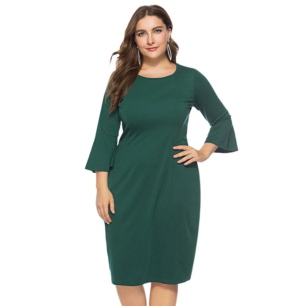 Round Collar 3/4 Bell Sleeve Bodycon Solid Color Dress