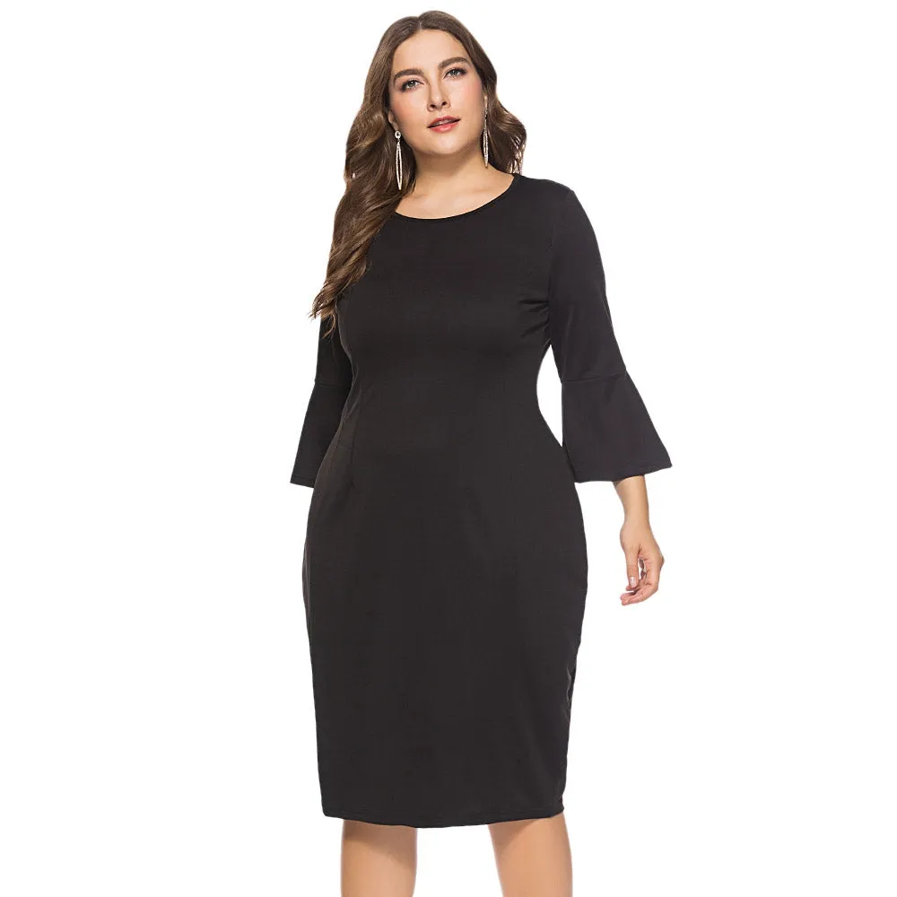 Round Collar 3/4 Bell Sleeve Bodycon Solid Color Dress