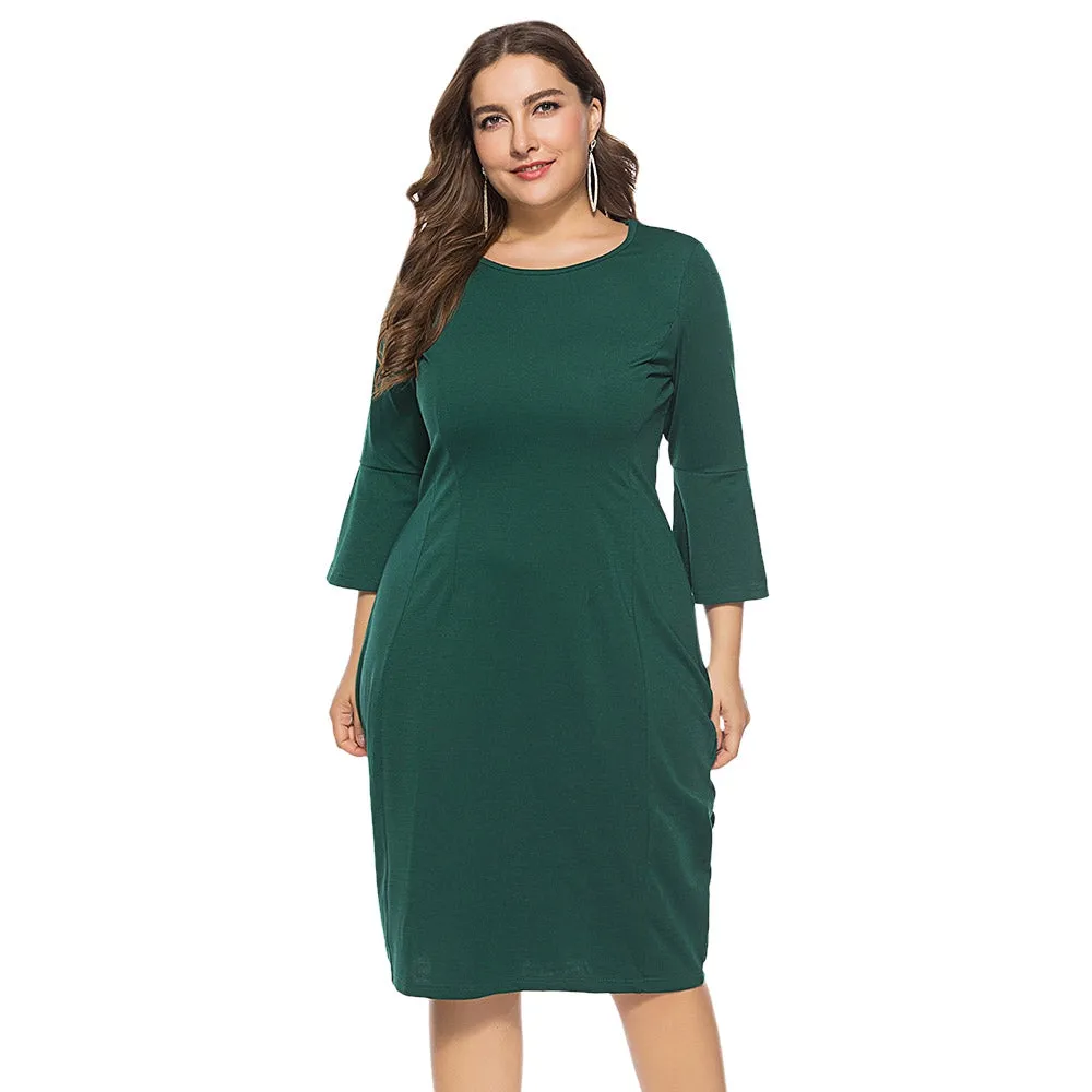 Round Collar 3/4 Bell Sleeve Bodycon Solid Color Dress
