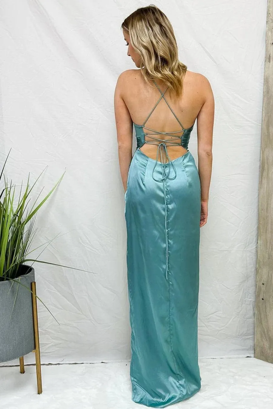 Roycebridal Danielle | Light Blue Cowl Neck Twist Knot Pleated Long Prom Dress With Slit