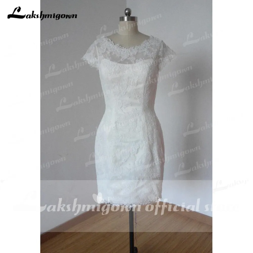 Roycebridal Summer Short Wedding Dresses  Cap-Sleeve Low-V Back Wedding Short Column Lace Gown vestido de casamento