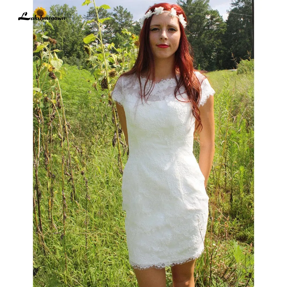 Roycebridal Summer Short Wedding Dresses  Cap-Sleeve Low-V Back Wedding Short Column Lace Gown vestido de casamento