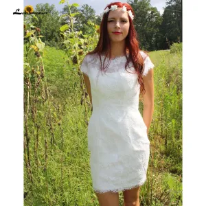 Roycebridal Summer Short Wedding Dresses  Cap-Sleeve Low-V Back Wedding Short Column Lace Gown vestido de casamento