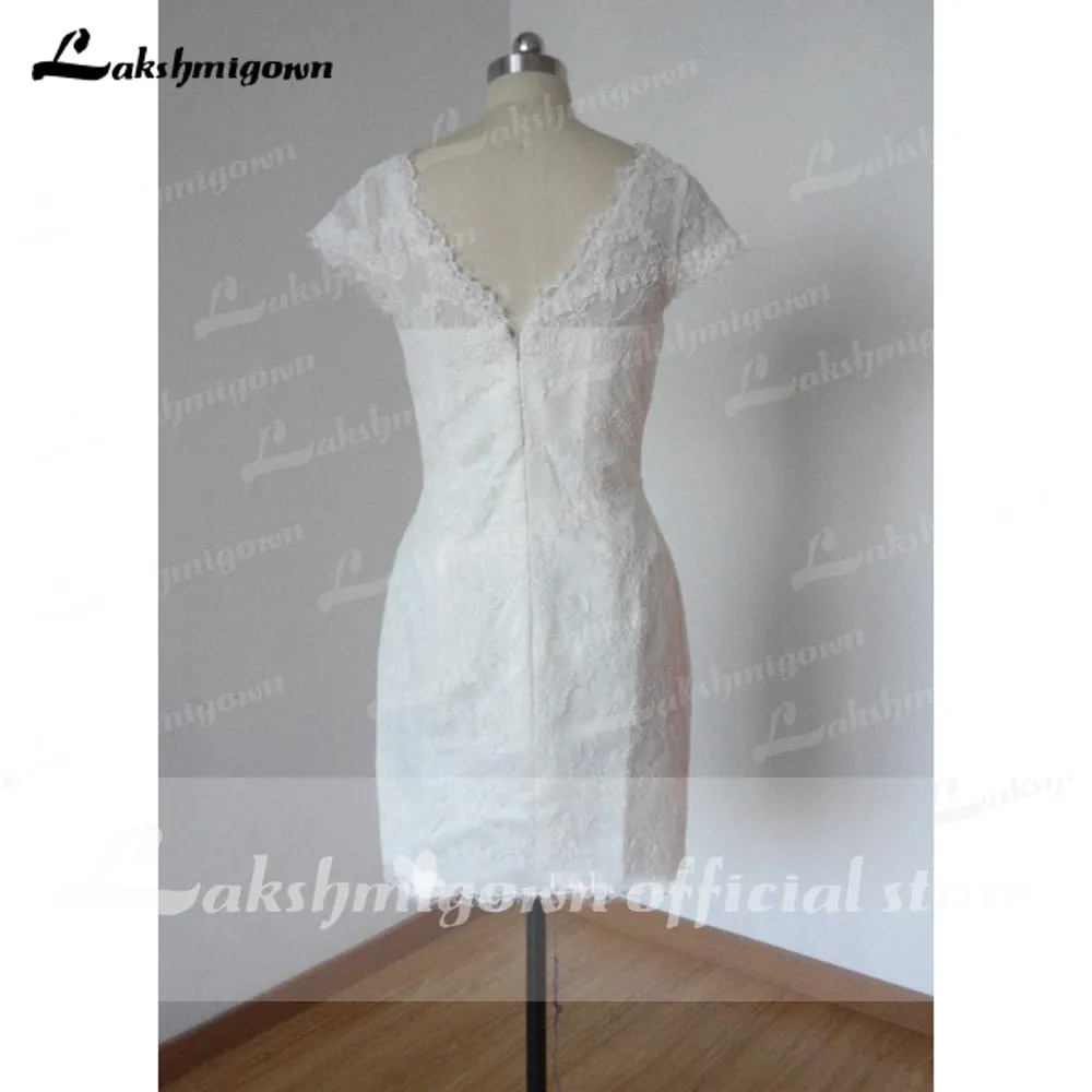 Roycebridal Summer Short Wedding Dresses  Cap-Sleeve Low-V Back Wedding Short Column Lace Gown vestido de casamento