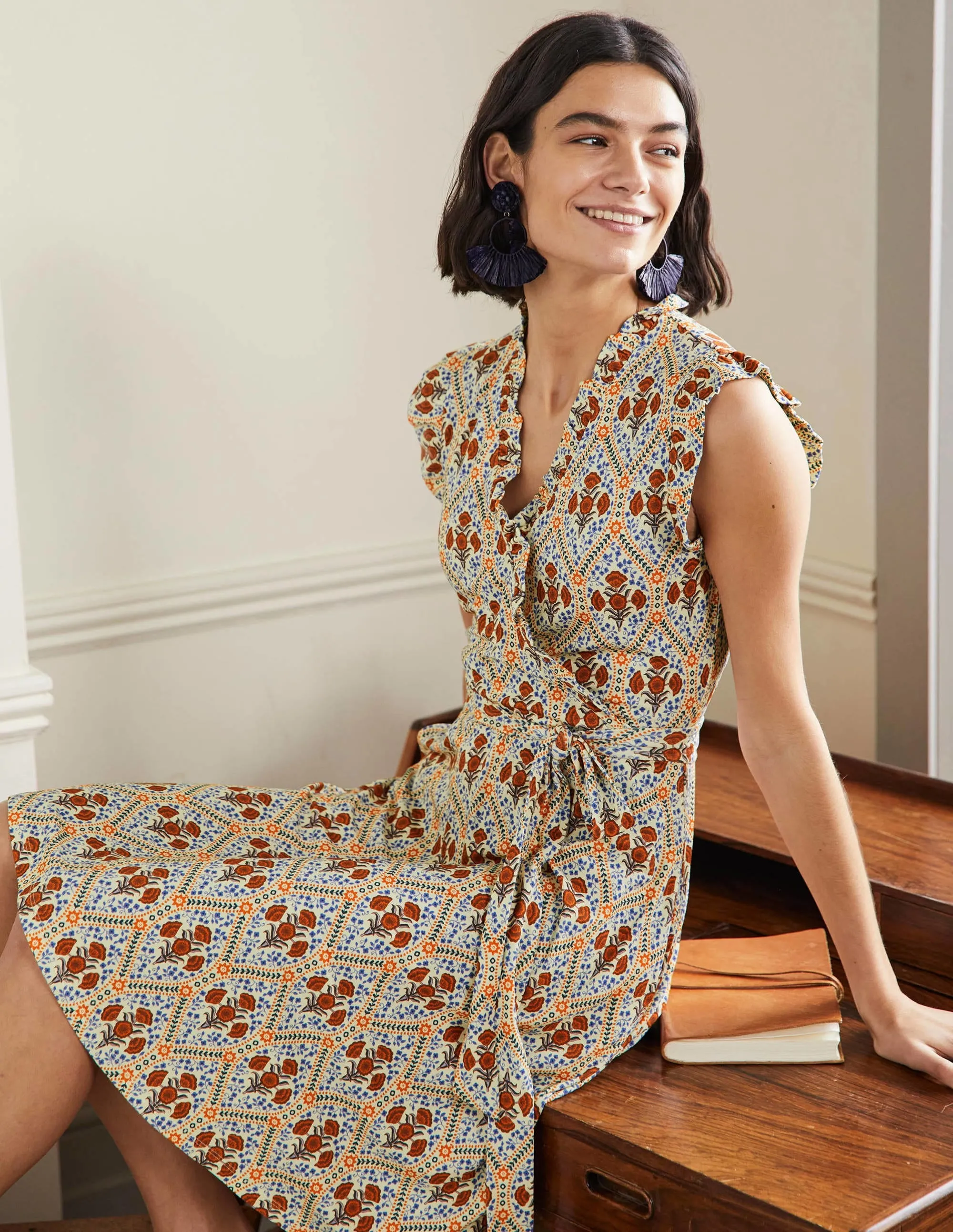 Ruffle Fixed Wrap Jersey Dress-Ivory, Poppy Bloom