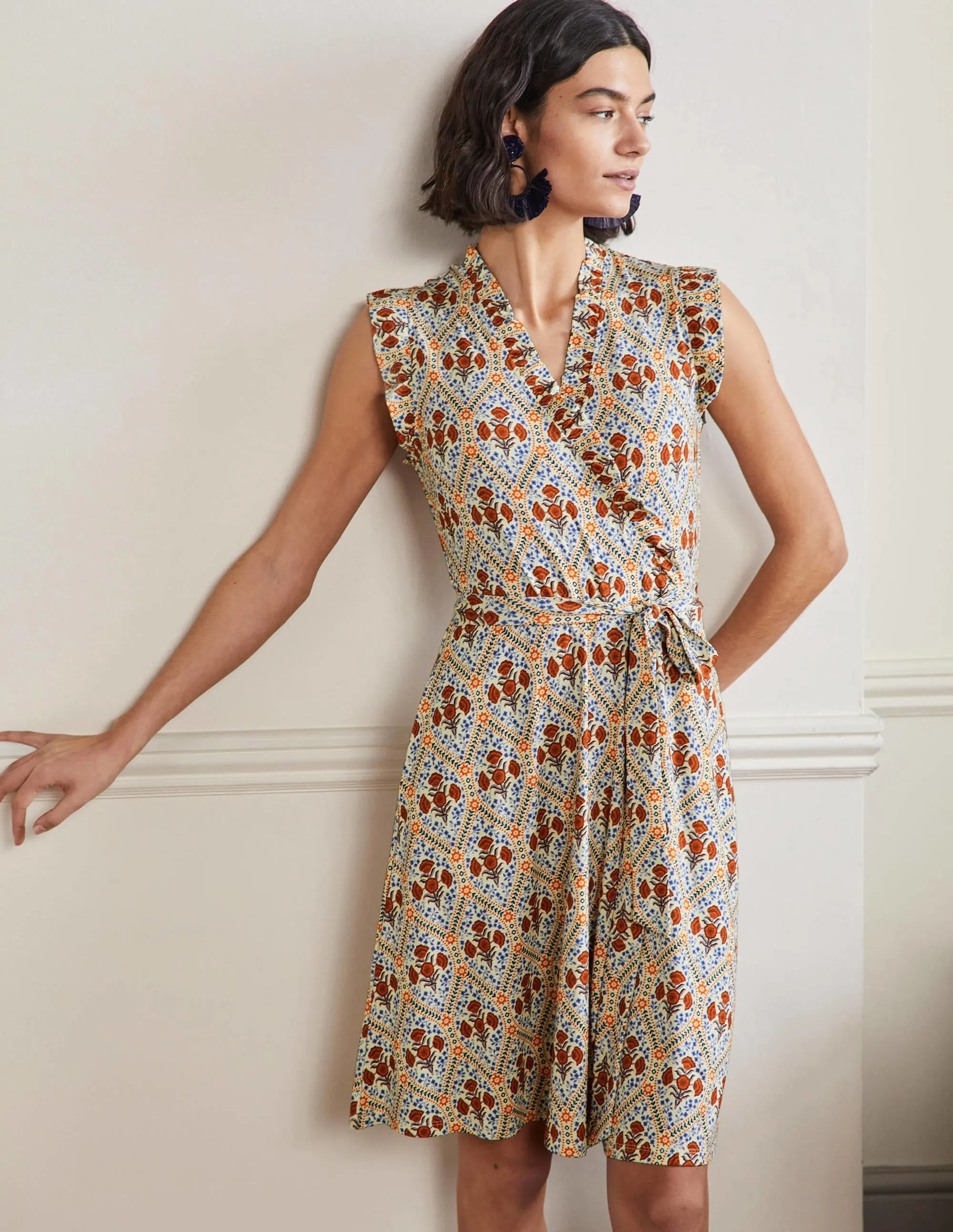Ruffle Fixed Wrap Jersey Dress-Ivory, Poppy Bloom