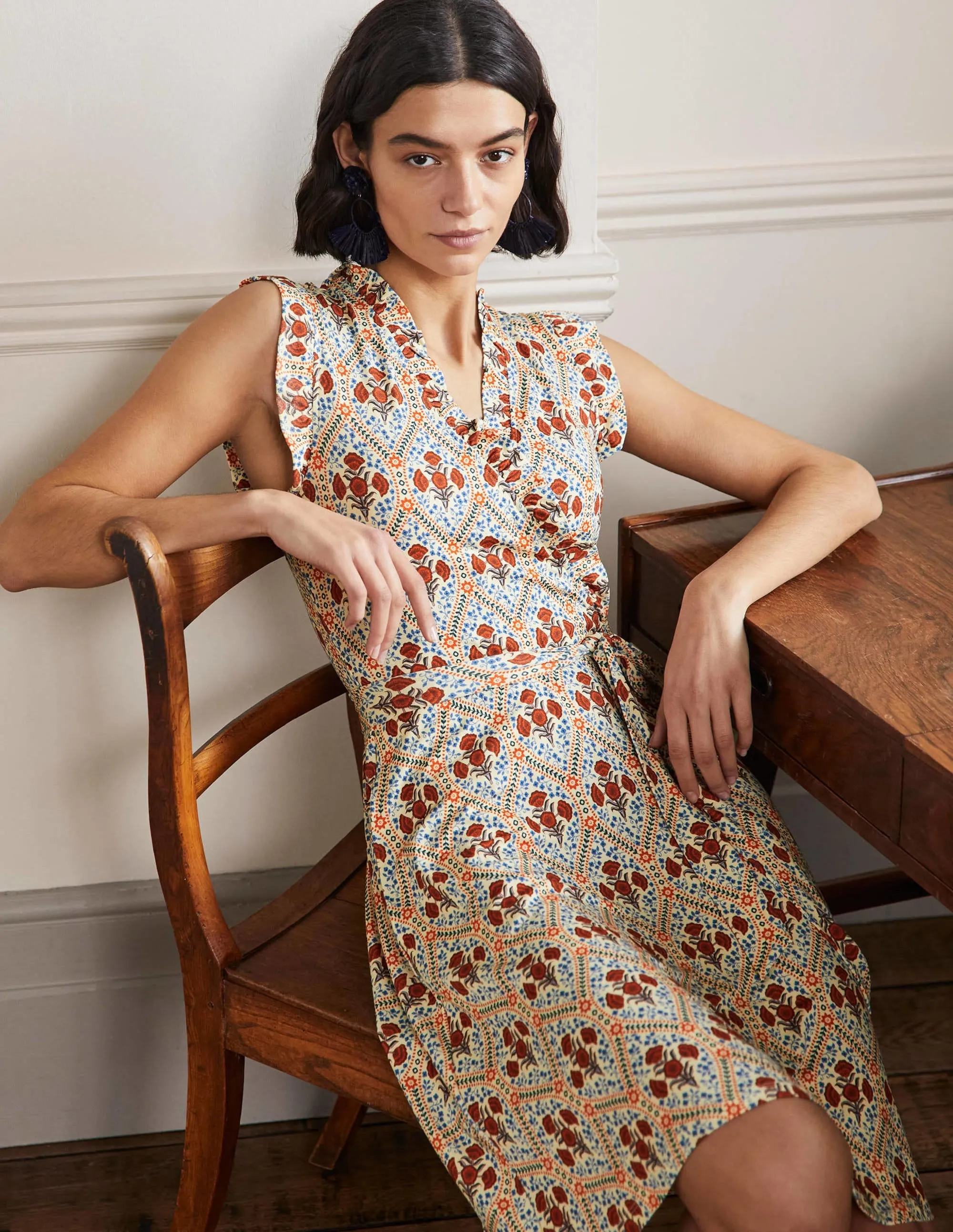 Ruffle Fixed Wrap Jersey Dress-Ivory, Poppy Bloom
