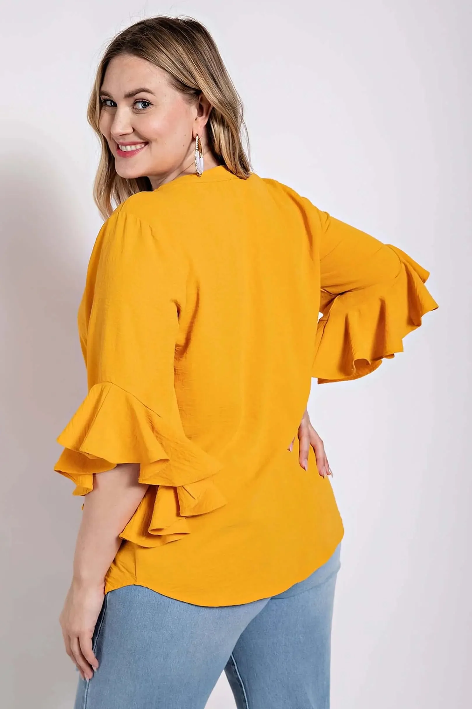 Ruffled Bell Sleeve And Front Pleated Women's Fashion Top