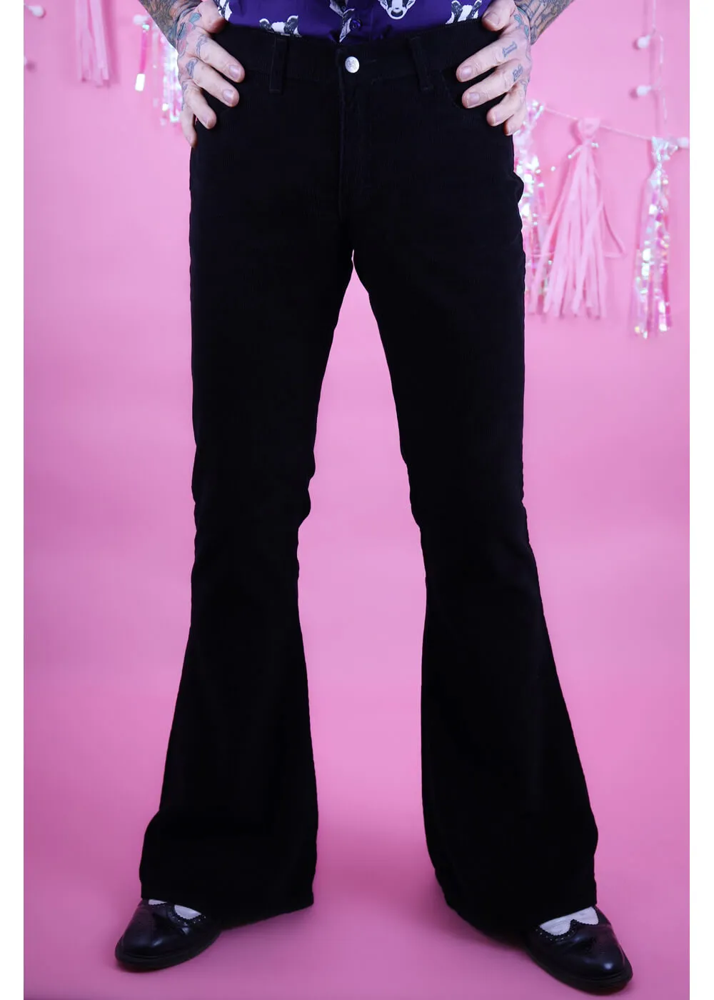 Run & Fly Mens Corduroy 70's Flare Trousers Black