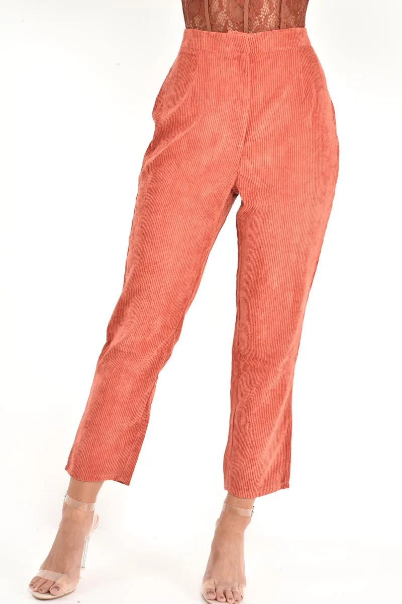 Rust Corduroy High Waist Tapered Trousers - Emmelia