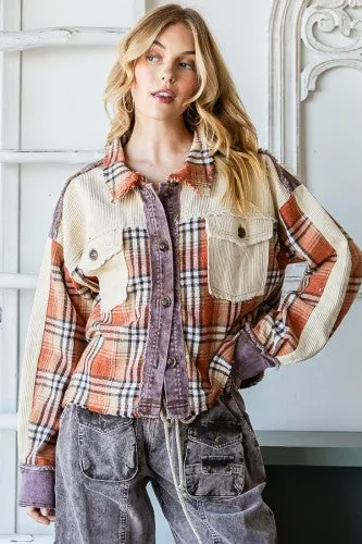 Rust Plaid   Corduroy Mix Crop Jacket