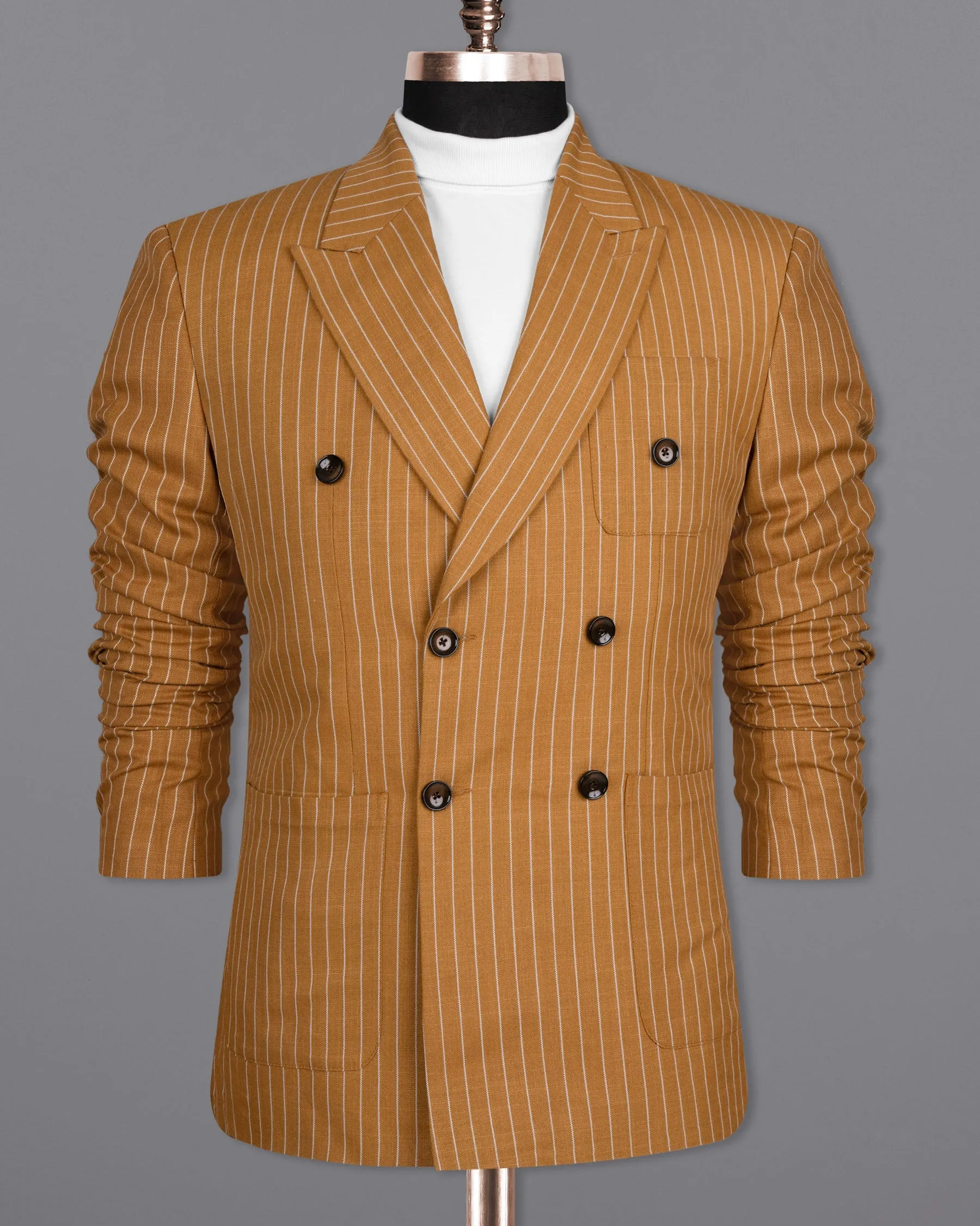Rust Striped Double-Breasted Wool Rich Blazer