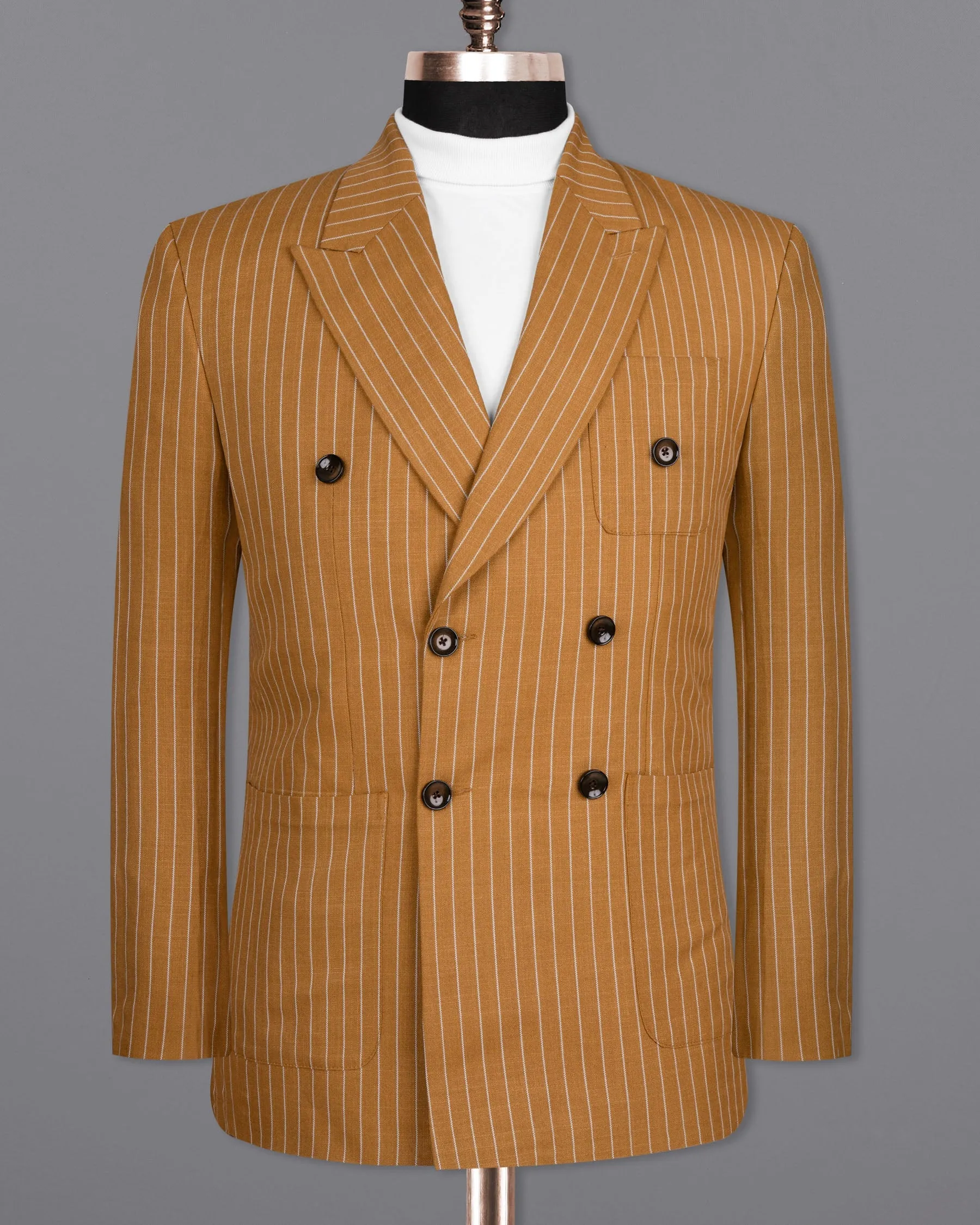 Rust Striped Double-Breasted Wool Rich Blazer