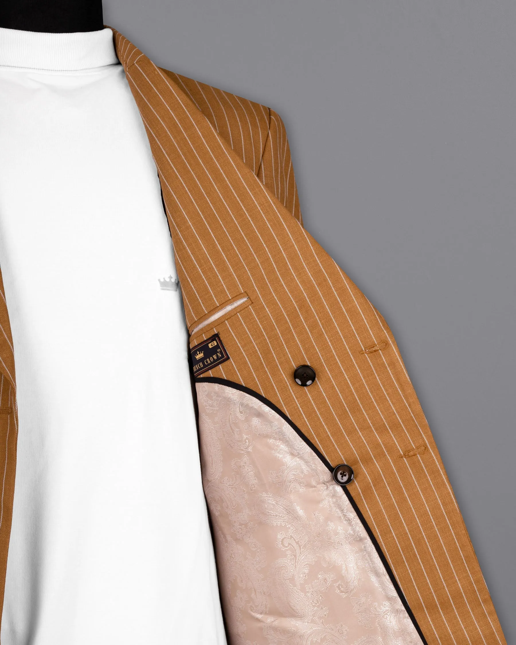 Rust Striped Double-Breasted Wool Rich Blazer
