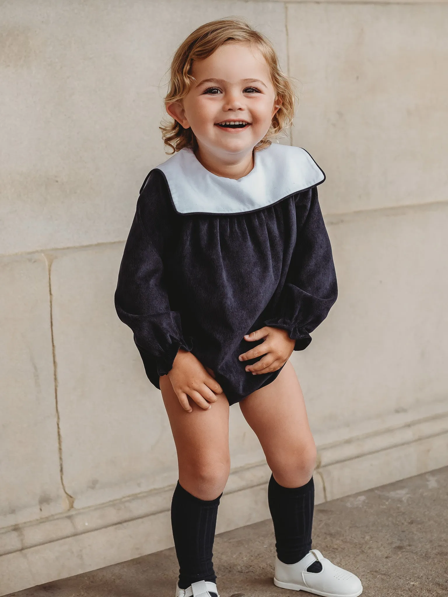 'Samuel' Navy babycord sailor collar romper