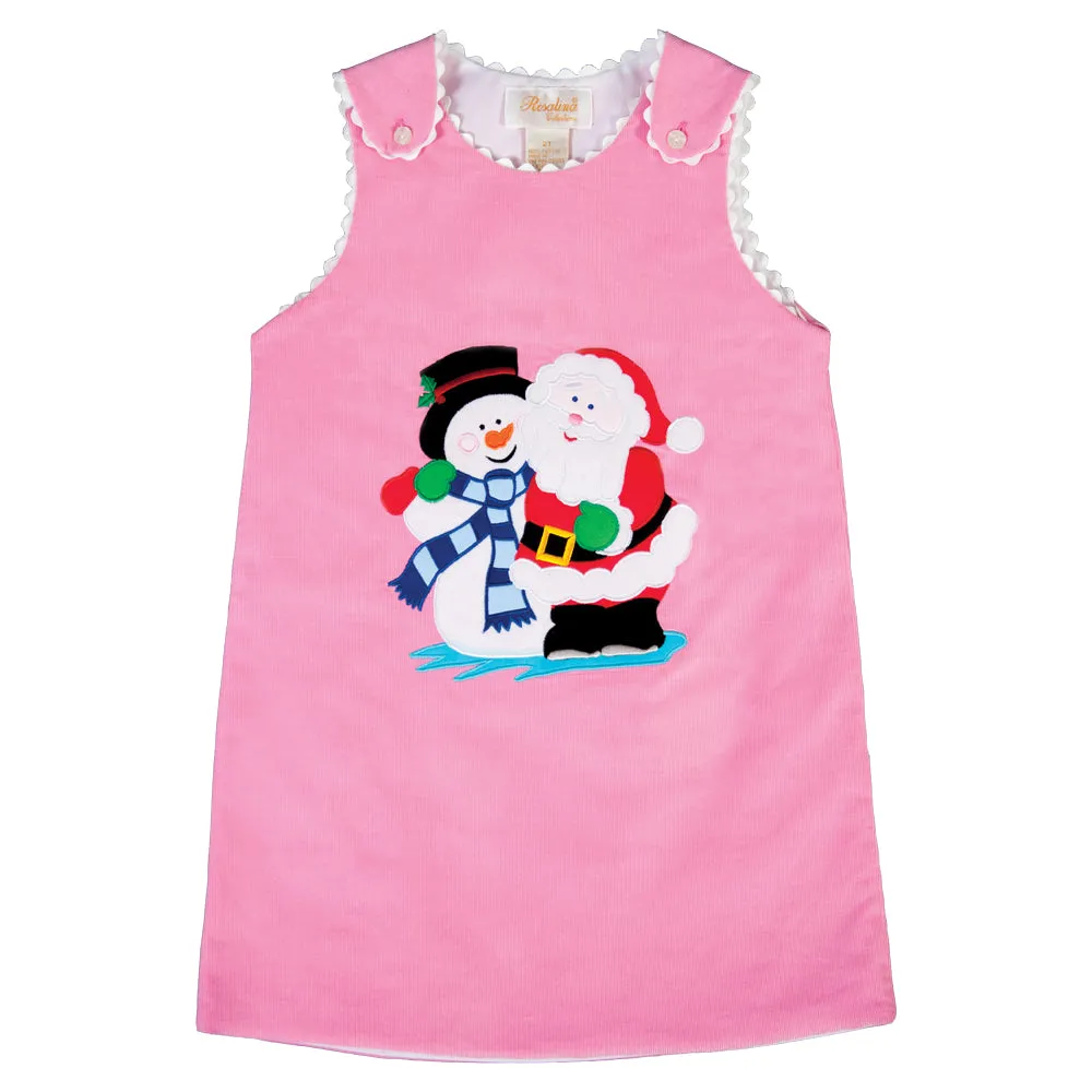 Santa & Frosty Snowman Buddies Pink Corduroy Aline with RicRac