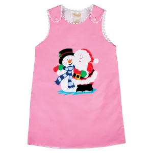 Santa & Frosty Snowman Buddies Pink Corduroy Aline with RicRac