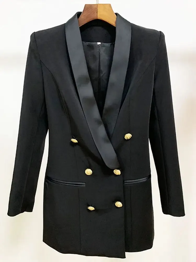 Satin Shawl Lion Buttons Double Breasted Blazer Jacket