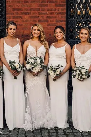 Satin Sheath Spaghetti Straps Cowl Neck Long Bridesmaid Dresses, MBD260