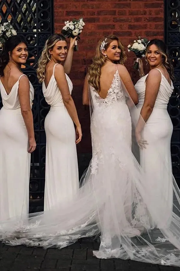 Satin Sheath Spaghetti Straps Cowl Neck Long Bridesmaid Dresses, MBD260