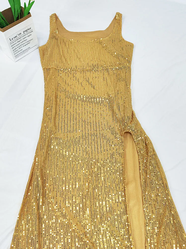 Sequin Sleevelesss Split Bodycon Maxi Dress