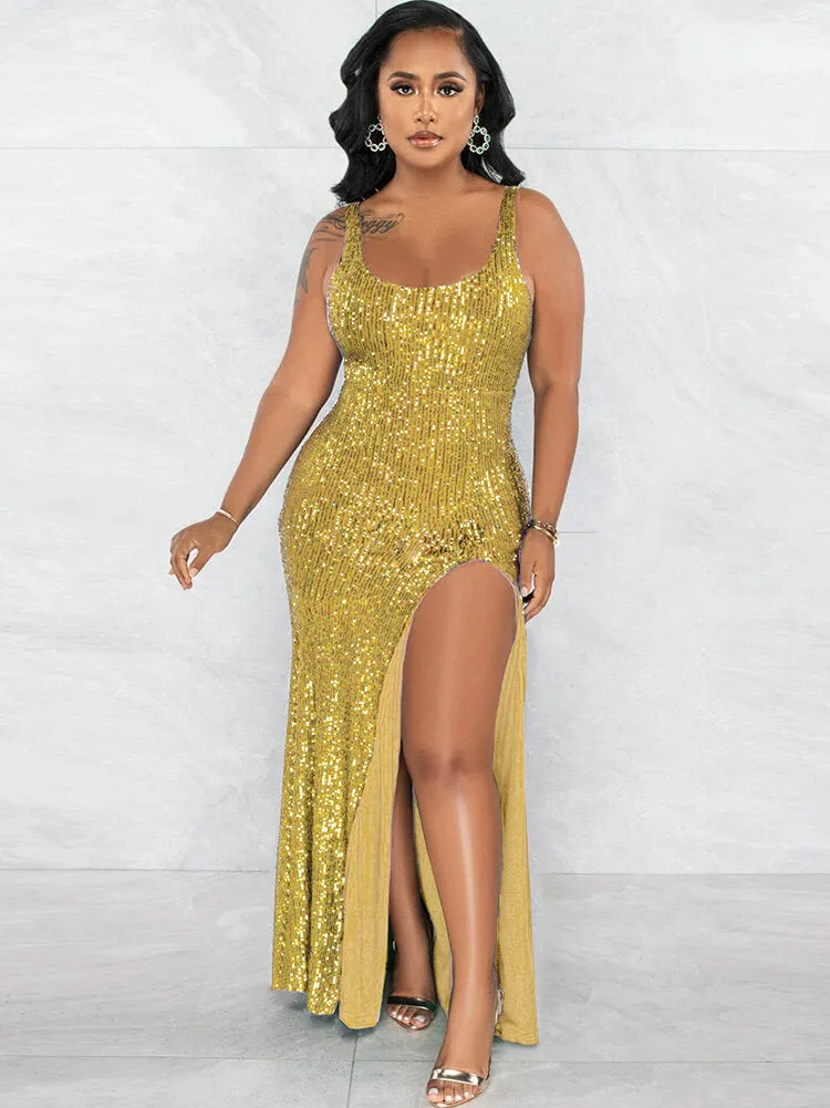 Sequin Sleevelesss Split Bodycon Maxi Dress