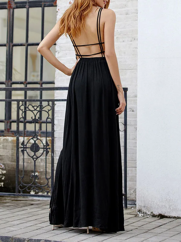 Sexy Deep V Open Back Sling Net Color Dress Summer