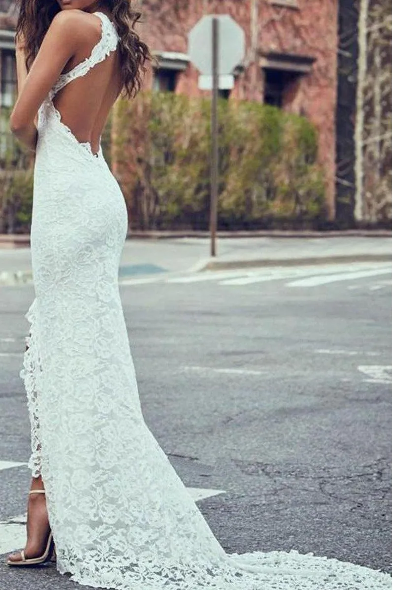 Sexy Lace Halter Sleeveless Wedding Dress With Brush Train-715811