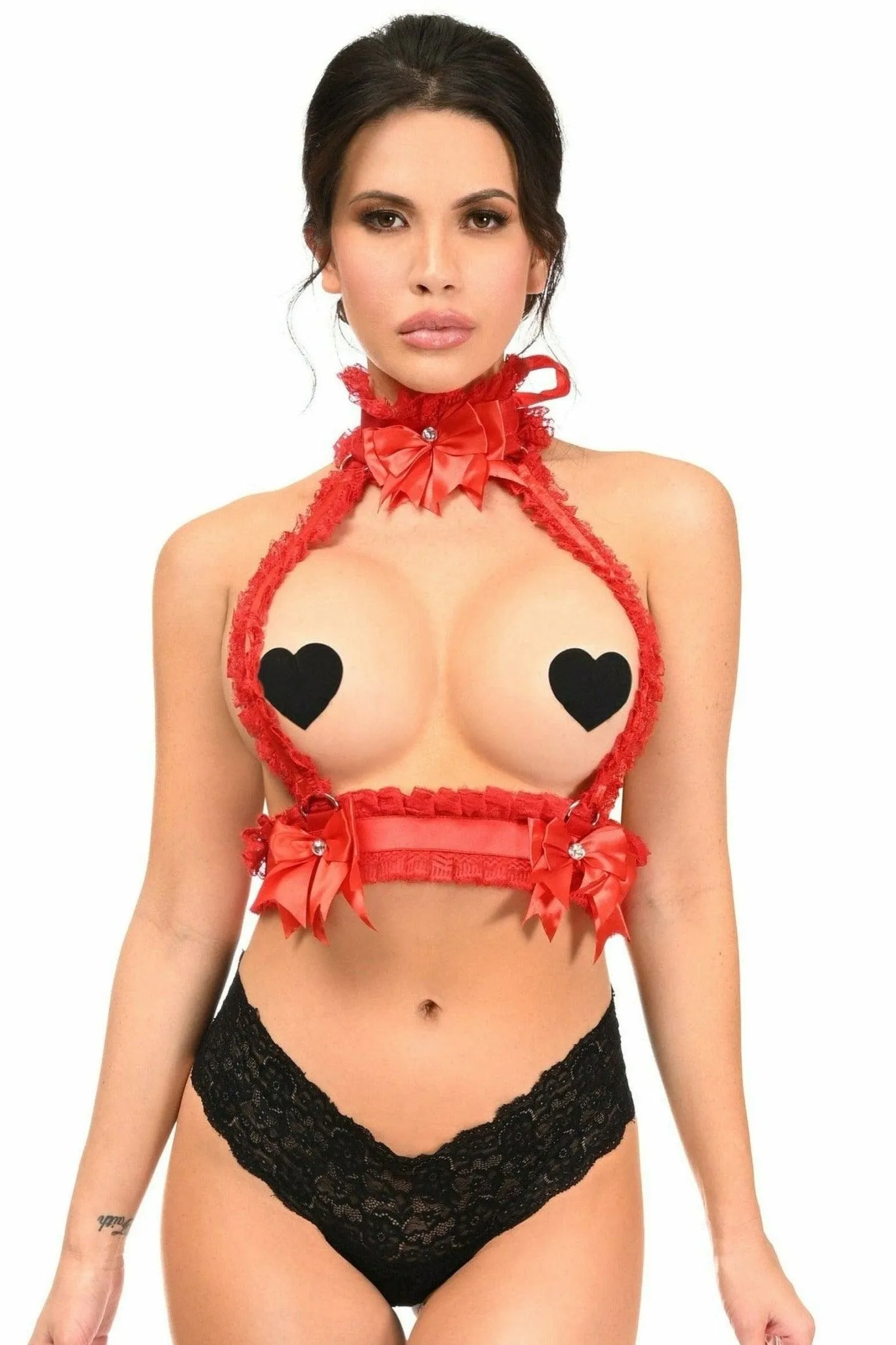 Sexy Red with Red Lace Double Strap Body Harness