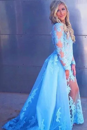 Sexy Sleeve Prom Appliques Long Formal Dress with Lace