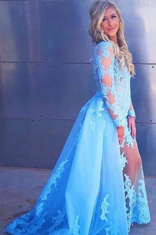 Sexy Sleeve Prom Appliques Long Formal Dress with Lace