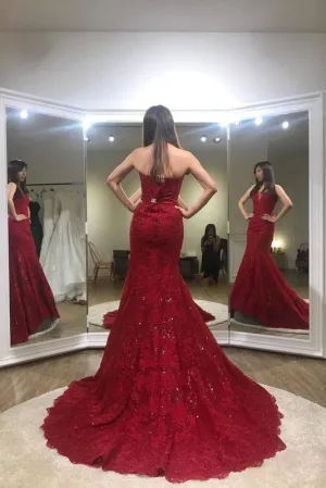 Sexy Trumpet Red Strapless Sweep Train Lace Prom Dress Long Formal Gown