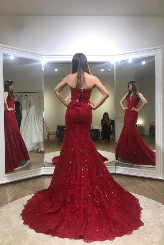 Sexy Trumpet Red Strapless Sweep Train Lace Prom Dress Long Formal Gown