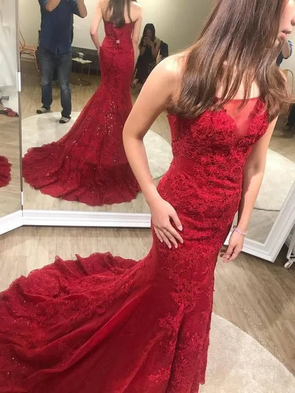 Sexy Trumpet Red Strapless Sweep Train Lace Prom Dress Long Formal Gown
