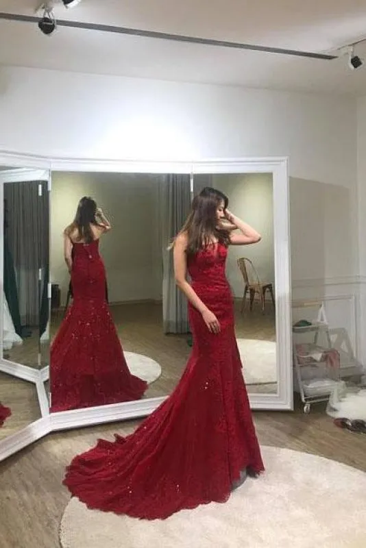 Sexy Trumpet Red Strapless Sweep Train Lace Prom Dress Long Formal Gown