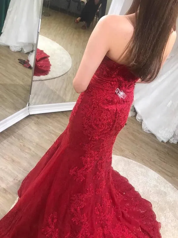 Sexy Trumpet Red Strapless Sweep Train Lace Prom Dress Long Formal Gown