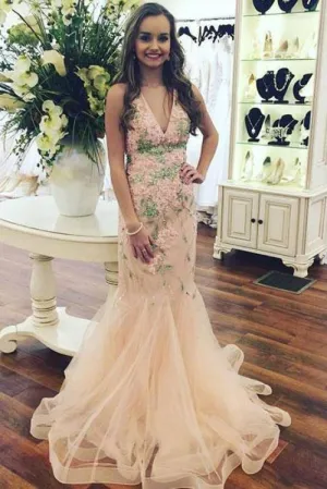 Sexy V-neck Sleeveless Mermaid Tulle Long Prom Dress with Appliques