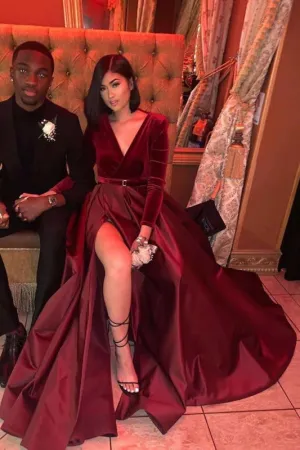 Sheath Long Sleeves Split Floor Length Prom Red Evening Dress