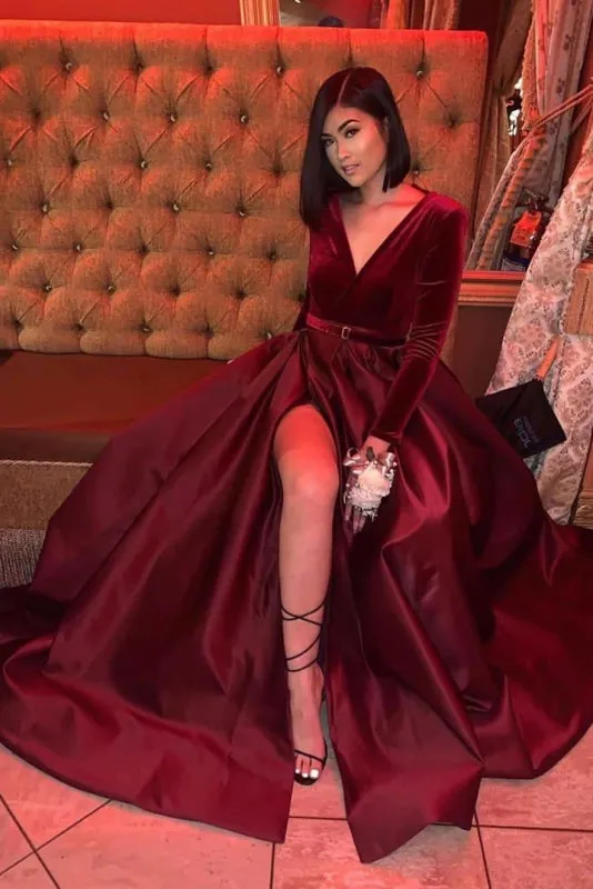 Sheath Long Sleeves Split Floor Length Prom Red Evening Dress